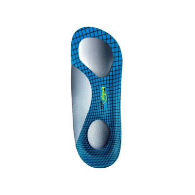 A photo of P.R. Gear Bridge Soles insoles in blue, size large. Insoles are 3/4ths the shoe length, have metatarsal pads, a soft flexible arch, and a deep heel cup. Right insole is shown from the top down facing up.