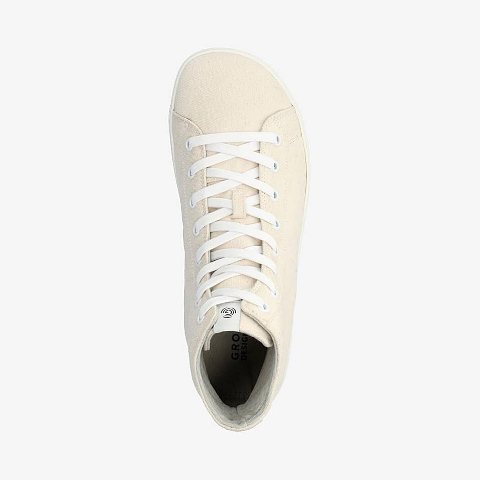 A photo of Groundies Brooklyn High Canvas Sneakers. The sneakers are made with cream colored canvas, white laces, and white soles. Both shoes are shown diagonally from the left side against a white background in this photo. #color_beige, A photo of Groundies Brooklyn High Canvas Sneakers. The sneakers are made with cream colored canvas, white laces, and white soles. Right shoe shown from the top down against a white background in this photo. #color_beige