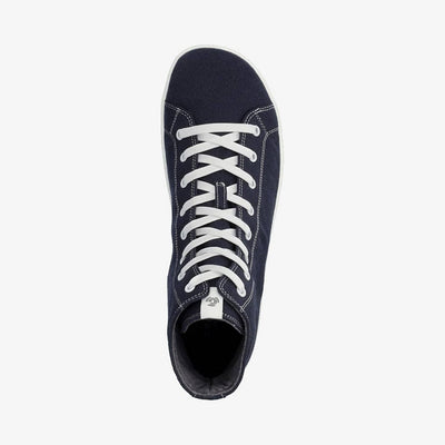 A photo of Groundies Brooklyn High Canvas Sneakers. The sneakers are made with dark blue canvas, white laces, and white soles. Both shoes are shown diagonally from the left side against a white background in this photo. #color_blue, A photo of Groundies Brooklyn High Canvas Sneakers. The sneakers are made with dark blue canvas, white laces, and white soles. Right shoe shown from the top down against a white background in this photo. #color_blue