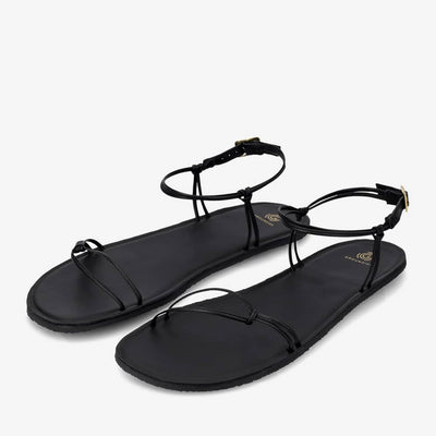 A photo of black leather Groundies Cadiz Sandals. Two thin leather straps start at the ball of the big toe and end at the ball of the little toe with a twist detail by the second toe. An ankle strap made with two thin leather straps wraps around the ankle with a buckle closure attaching to the sole on either side of the foot. Shoes are shown diagonally from the left side against a white background. #color_black
