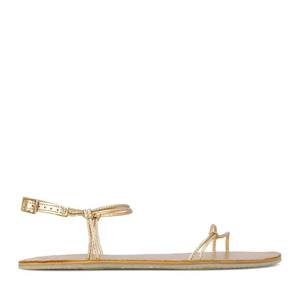 A photo of gold leather Groundies Cadiz Sandals. Two thin leather straps start at the ball of the big toe and end at the ball of the little toe with a twist detail by the second toe. An ankle strap made with two thin leather straps wraps around the ankle with a buckle closure attaching to the sole on either side of the foot. Shoe is shown from the right side against a white background. #color_gold