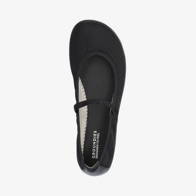 Photo 1 - A photo of Groundies Carolina mesh Mary Jane flats in black. The right shoe is shown from the right against a white background. Photo 2 - Right shoe is shown from the top down against a white background.  #color_black