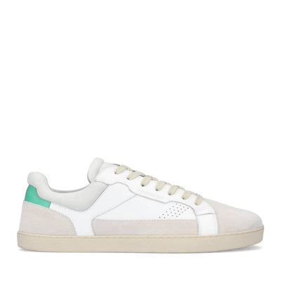Photo 1 - A photo of Groundies Court leather sneakers in White and Green. A mixture of beige and white suede and smooth leather blocks decorate the outside with a small red block at the back of the heel. The right shoe is shown from the right side against a white background. Photo 2 - Right shoe is shown from the top down against a white background.  #color_white-green