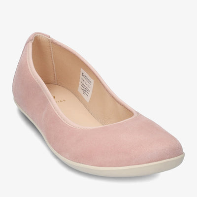 A photo of Groundies Lily Soft flats with a leather upper and cream rubber true sense soles. The flats are a nubuck in a light pink color, the trim around the tops of the flats is a light pink color that is lighter than the rest of the flats. The interior of the flats is a light beige color. The right flat is shown from the front angled to the right against a white background. #color_light-pink