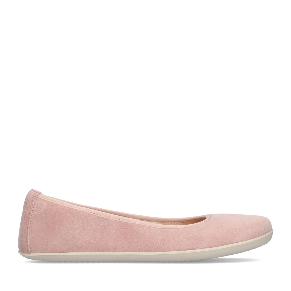  photo of Groundies Lily Soft flats with a leather upper and cream rubber true sense soles. The flats are a nubuck in a light pink color, the trim around the tops of the flats is a light pink color that is lighter than the rest of the flats. The interior of the flats is a light beige color. The left flat is shown from the right side against a white background. #color_light-pink