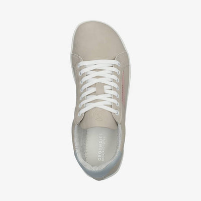 Photo 1 - A photo of groundies melbourne vegan shoe in beige and pink. Shoe is shown from the right side against a white background.  Photo 2 - Right shoe is shown from the top down against a white background. #color_beige-pink