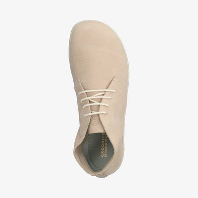 Photo 1 - A photo of Groundies Milano soft leather lace ups in a cream color. Shoes are a low ankle height with cream soles and thin cream laces.The right shoe is shown from the right side against a white background., Photo 2 - Right shoe is shown from the top down against a white background. #color_sand-2
