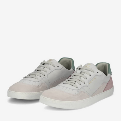 A photo of Groundies Nova sneakers made from leather and rubber soles. The sneakers are beige and white with pink/green accents on the heel, they also have perforation on the toe box. Both sneakers are shown beside each other angled slightly to the left against a white background. #color_beige-green-pink