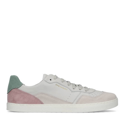 A photo of Groundies Nova sneakers made from leather and rubber soles. The sneakers are beige and white with pink/green accents on the heel, they also have perforation on the toe box. The right sneaker is shown from the right side against a white background. #color_beige-green-pink