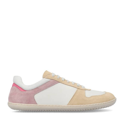 Photo 1 - Groundies Orlando Sneakers in off white, beige, and pink. Sneakers feature a retro color block design made with suede and smooth leather. Right shoe is shown from the right side against a white background., Photo 2 - Right shoe is shown from the top down against a white background. #color_off-white-beige-pink