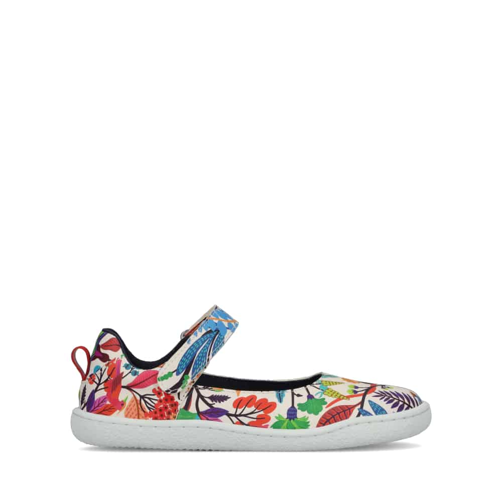 Photo 1 - A photo of Groundies Stella classic Mary Jane flats in a floral color print composed of assorted foliage and animals in all rainbow colors with white soles. Right shoe is shown from the right side against a white background. Photo 2 - Right shoe is shown from the top down against a white background. #color_color-print