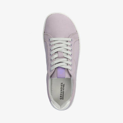 Photo 1 - A photo of Lavender Groundies Universe Mesh sneakers with classic sneaker details and white rubber soles. Right shoe is shown from the right side against a white background in this photo., Photo 2 - Right shoe is shown from the top down against a white background. #color_lavender