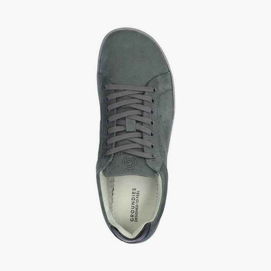 Photo 1 - A photo of all grey Groundies Universe Nubuck sneakers with classic sneaker details. Right shoe is shown from the right side against a white background in this photo., Photo 2 - Right shoe is shown from the top down against a white background. #color_grey