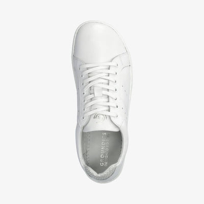 Photo 1 - A photo of white Groundies Universe sneakers in white made of leather with classic sneaker details and a snake detailing at the heel. Right shoe is shown from the right side against a white background. Photo 2 -  Right shoe is shown from the top down against a white background. #color_snake