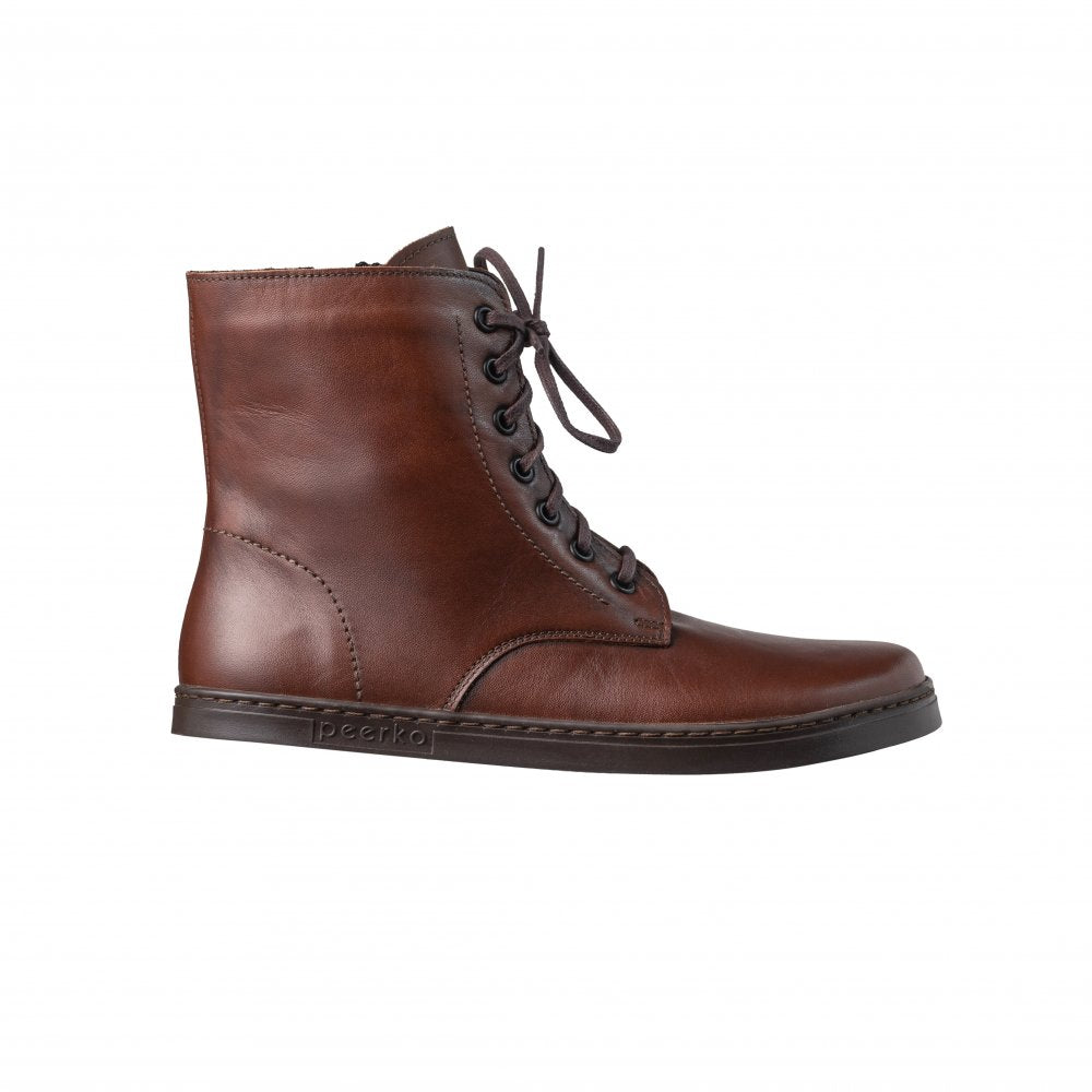 A photo of Peerko Go combat boots made with smooth leather, fleece, and rubber soles. The boots are cognac in color, fleece lined, with a zipper at the side. One boot is shown from the right side against a white background. #color_cognac