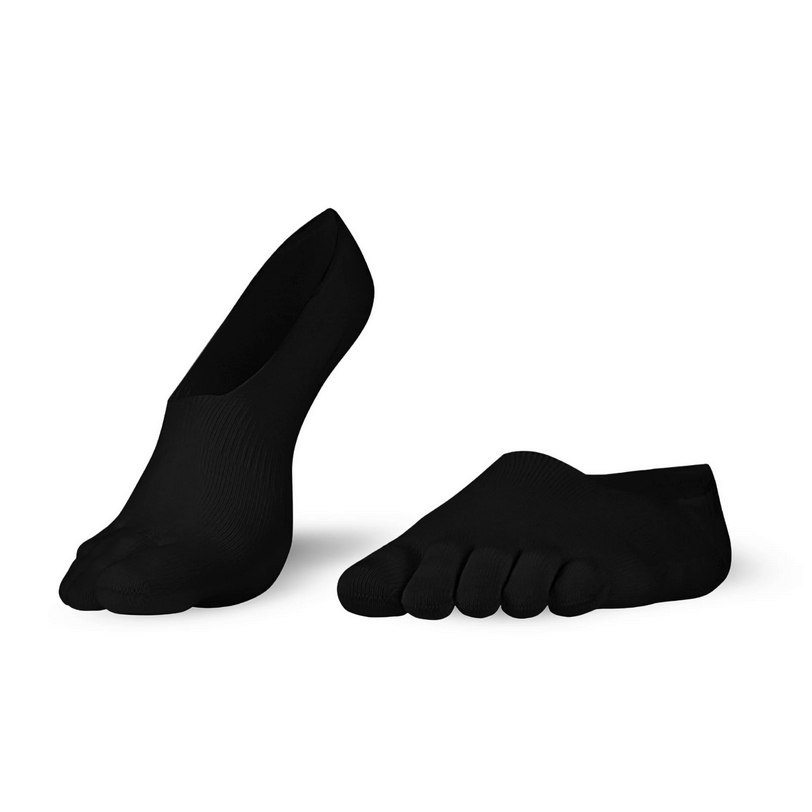 A photo of Knitido low cut toe socks made with cotton, nylon, polyester, and elastane. The socks are a black color. Both socks are shown beside each other angled slightly to the left, the right sock has its heel lifted off the ground against a white background. #color_black