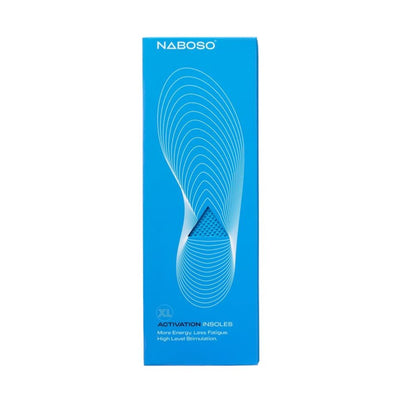 A photo of Naboso activation insoles not cushioned insoles made for sensory activation. The insoles are a blue color with bumps on top. The insoles are shown in their blue Naboso packaging. #insole-type_activation