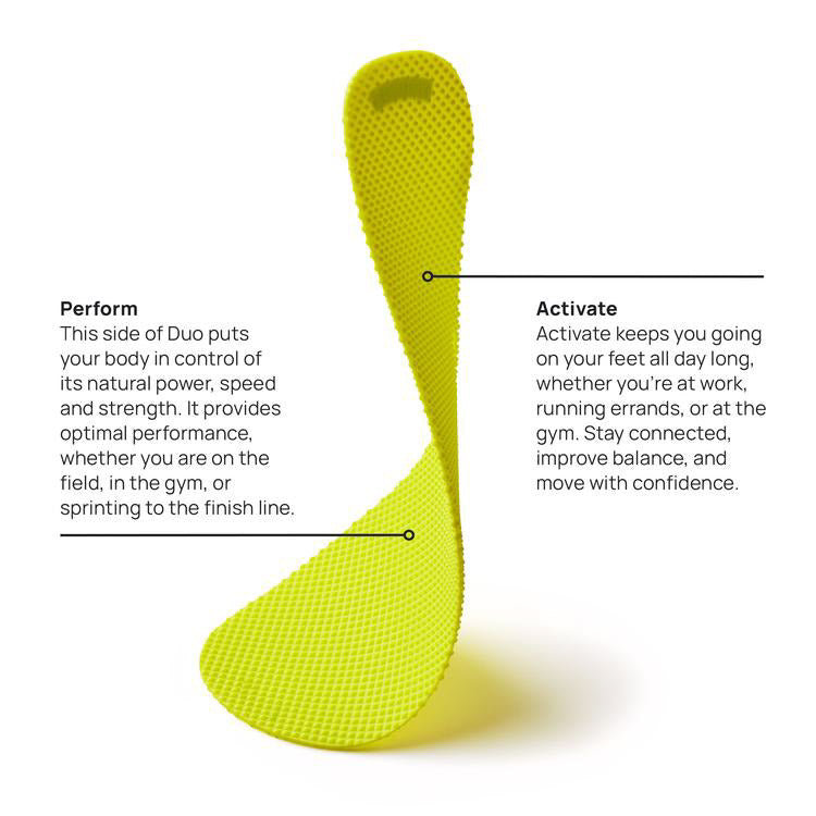 A photo of Naboso duo insoles not cushioned insoles made for sensory activation. The insoles are a yellow color with bumps on the top and bottom. One insole is shown upside down upright twisted slightly to show detail against a white background with text on the sides. #insole-type_activation