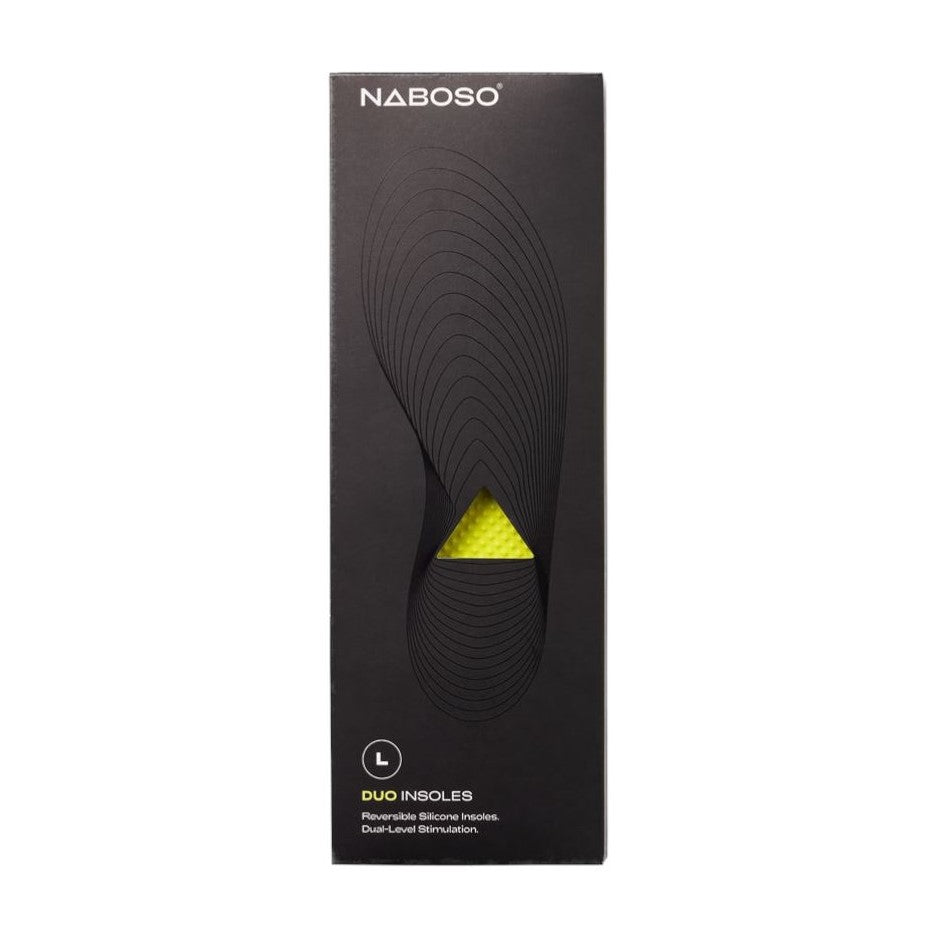 A photo of Naboso duo insoles not cushioned insoles made for sensory activation. The insoles are a yellow color with bumps on the top and bottom. The insoles are shown in their black Naboso packaging. #insole-type_duo