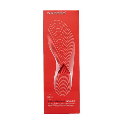 A photo of Naboso activation insoles not cushioned insoles made for sensory activation. The insoles are a red color with bumps on top. The insoles are shown in their red Naboso packaging. #insole-type_performance