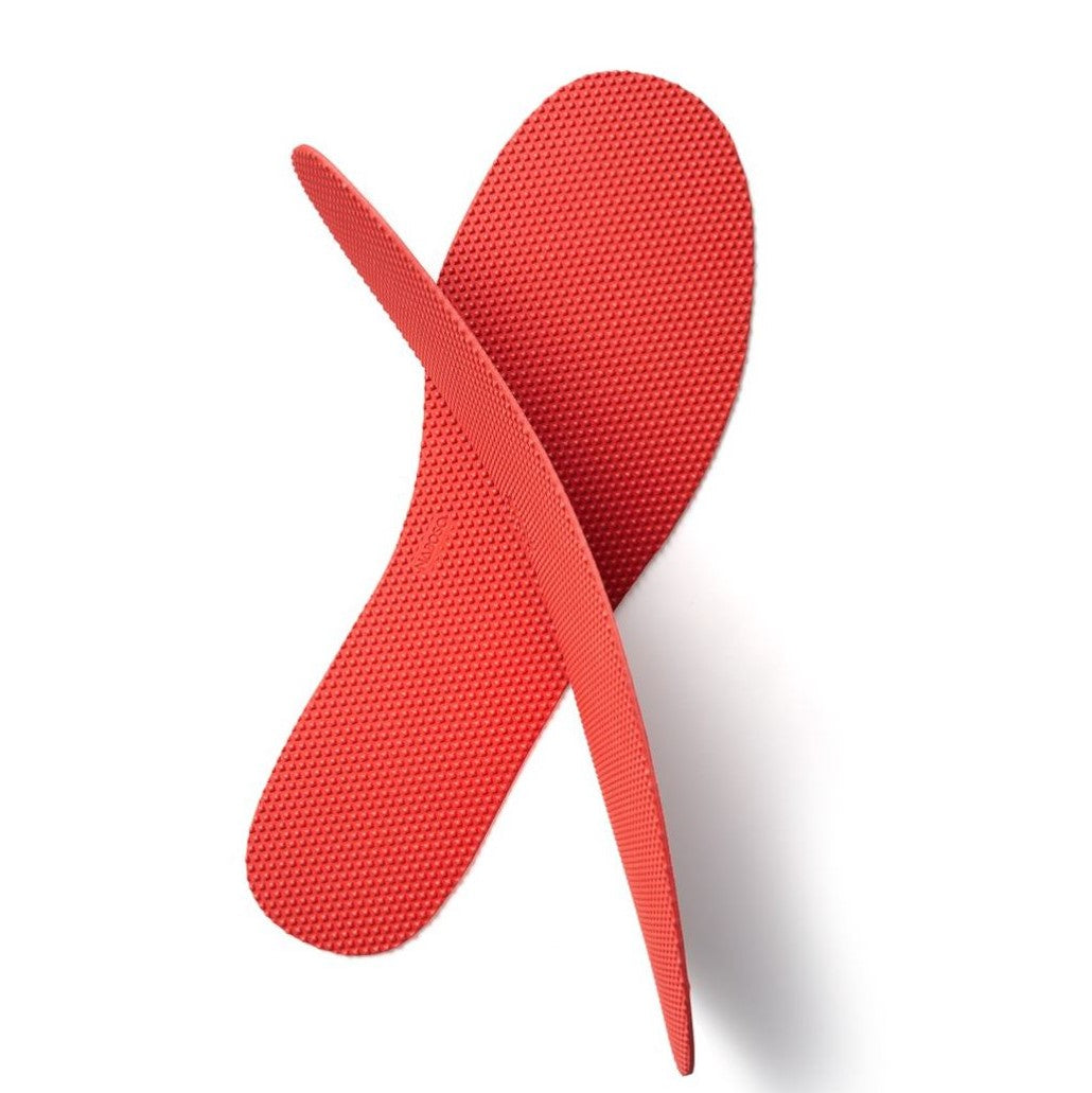 A photo of Naboso performance insoles not cushioned insoles made for sensory activation. The insoles are a red color with bumps on top. Both insoles are shown from top down, one insole is turned on its side to show the thickness against a white background. #insole-type_performance