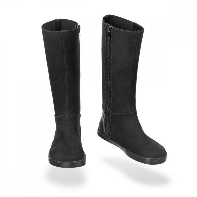 A photo of Peerko Regina riding boots made from smooth leather and rubber soles. The boots are black in color with a tall riding boot elastic paneled shaft, zippers, and lined with felt. Both boots are shown floating beside each other from the right front and left inside against a white background. #color_black