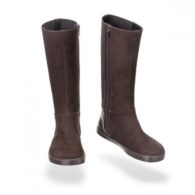 A photo of Peerko Regina riding boots made from smooth leather and rubber soles. The boots are brown in color with a tall riding boot elastic paneled shaft, zippers, and lined with felt. Both boots are shown floating beside each other from the right front and left inside against a white background. #color_brown