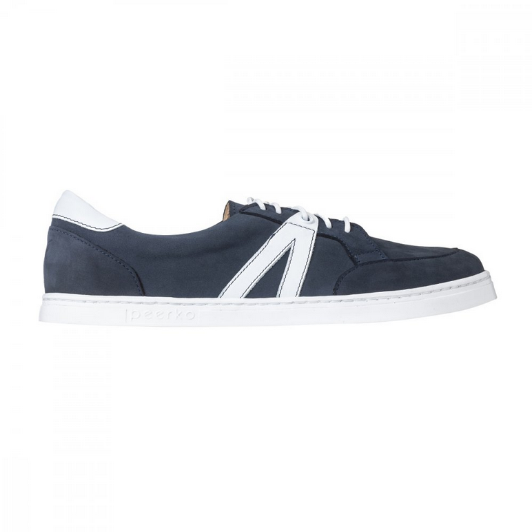 A photo of navy blue Peerko Street sneakers made with leather and recyclable soles. White pointed A-shaped detail present on both sides. Shoe is shown from the right side against a white background. #color_navy