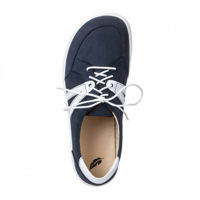 A photo of navy blue Peerko Street sneakers made with leather and recyclable soles. White pointed A-shaped detail present on both sides. Shoe is shown from the top down against a white background. #color_navy