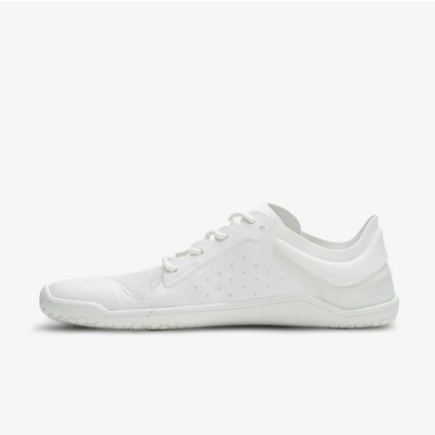 A photo of Vivobarefoot Primus lite sneakers made from recycled plastic and a rubber sole. The athletic sneakers are a white color with white soles and the vivobarefoot logo on the side. The right shoe is shown from the left side against a white background. #color_bright-white