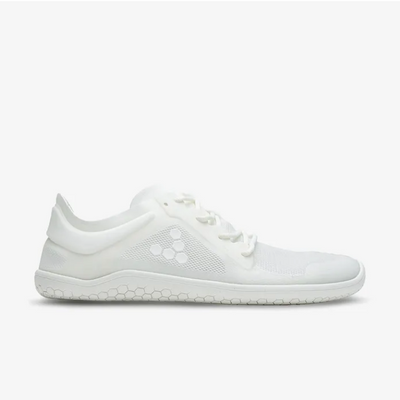 A photo of Vivobarefoot Primus lite sneakers made from recycled plastic and a rubber sole. The athletic sneakers are a white color with white soles and the vivobarefoot logo on the side. The left shoe is shown from the right side against a white background. #color_bright-white