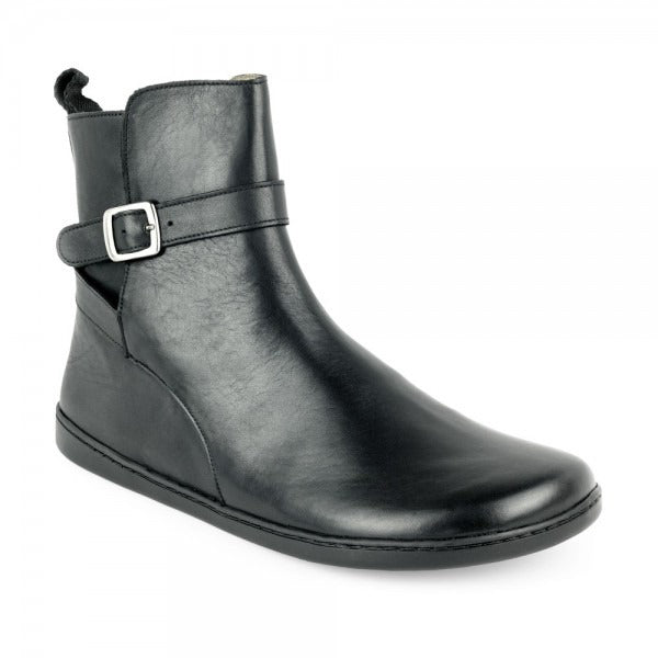 A photo of Zaqq Riquet boots made from Nappa leather and rubber soles. The boots are black in color and a pull up style with a decorative buckle around the ankle. One boot is shown from the front angled slightly to the right against a white background. #color_black