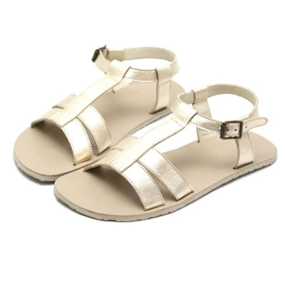 A photo of Zeezoo Freya Gold sandals made with leather and light beige leather topped rubber soles. The sandal straps are shiny they have double straps in the front, a single strap running up the middle of the foot,  around the ankle and heel with a small buckle. Both sandals are shown from the left side beside each other against a white background in this photo. #color_gold